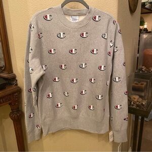 NWT~CHAMPION Gray Reverse Weave All Over Logo Sweatshirt Size Medium-Unisex
